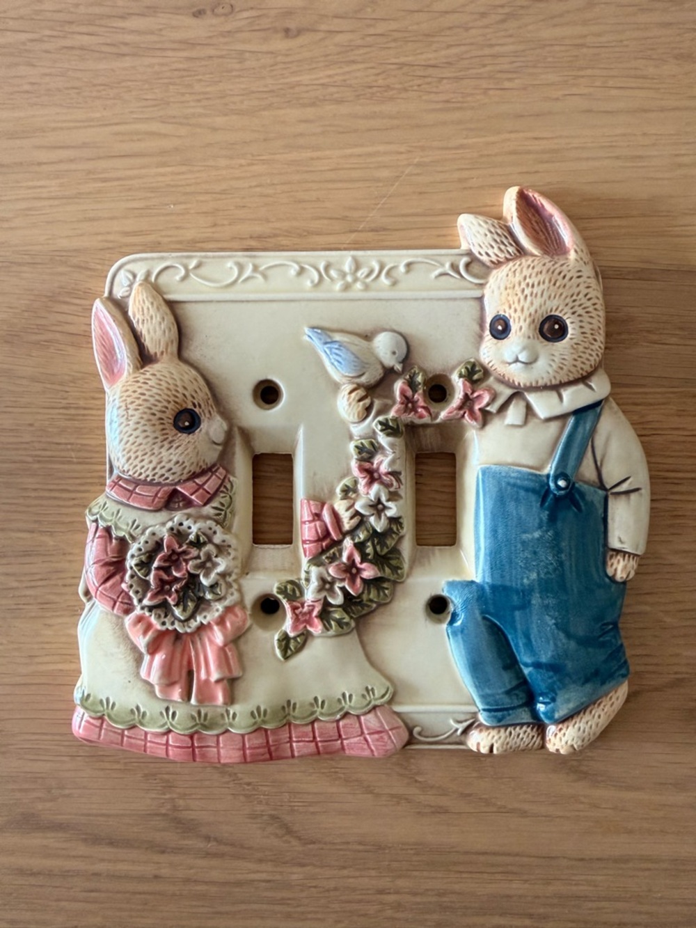 Decorative Bunny Double Switch Plate Cover in Cream, Pink & Blue